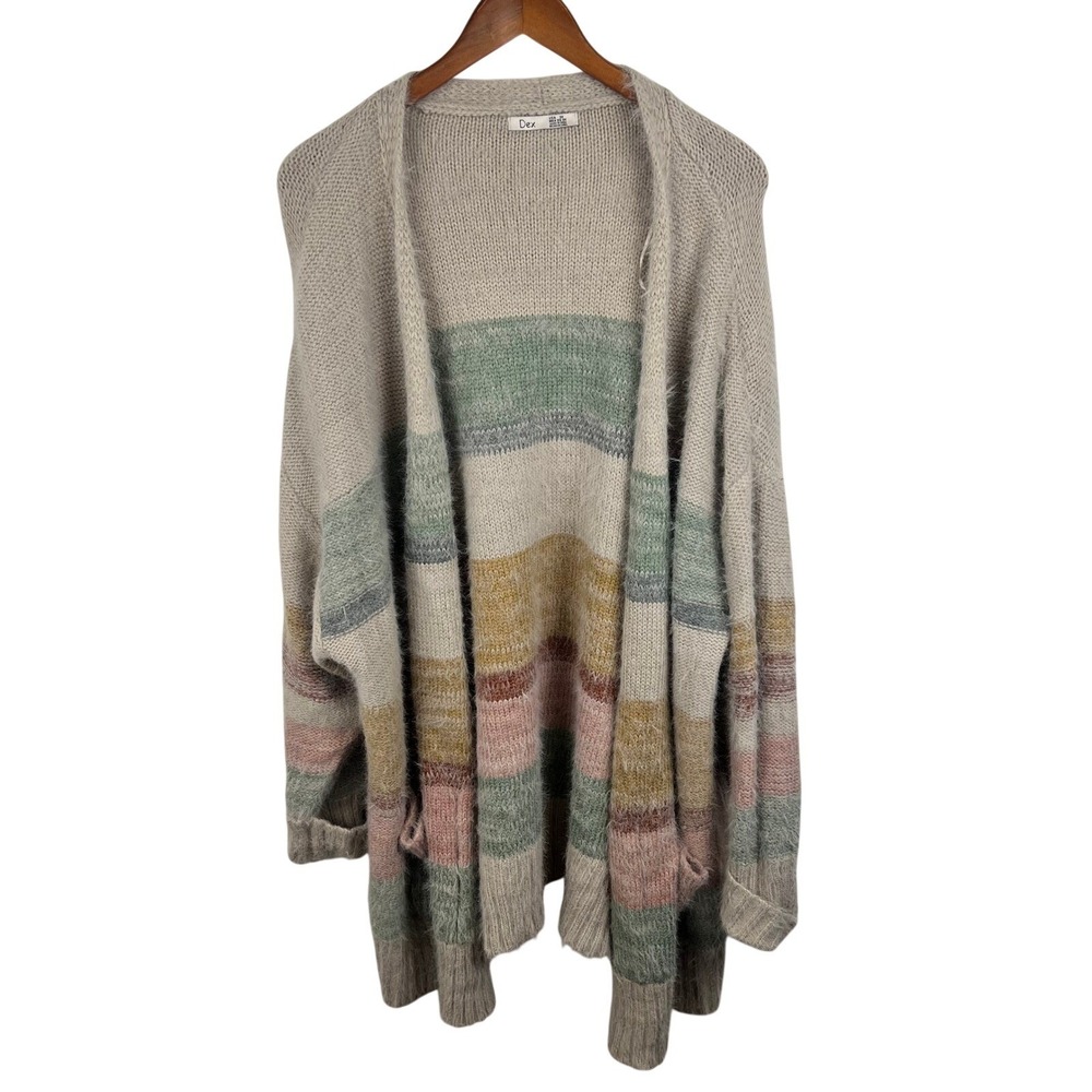Dex Womens 3X Long Open Front Cardigan Fuzzy Eyelash Knit Striped Earth Tones